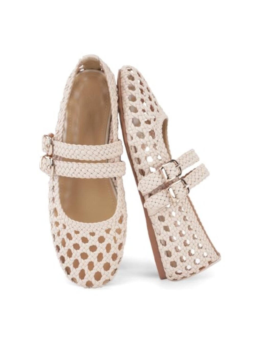 Woven Mary Jane Flats Perforated Round Toe Double Buckle Strap Women Comfort